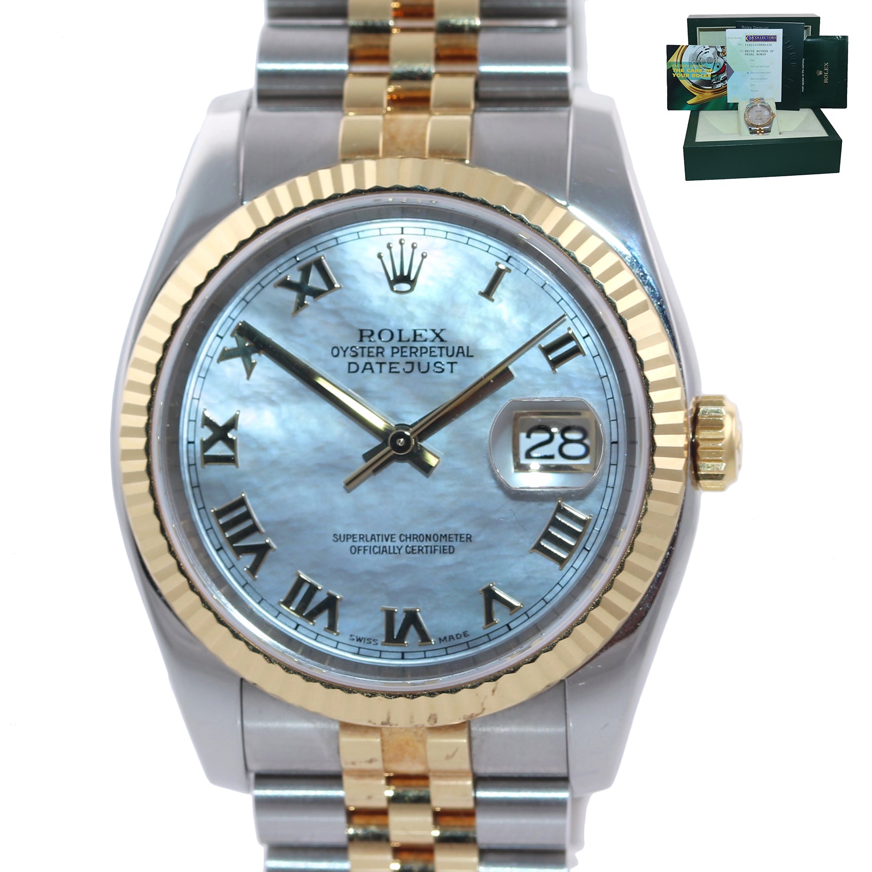 MINT PAPERS Rolex DateJust Jubilee 36mm MOP Roman 116233 18k Yellow Gold Watch