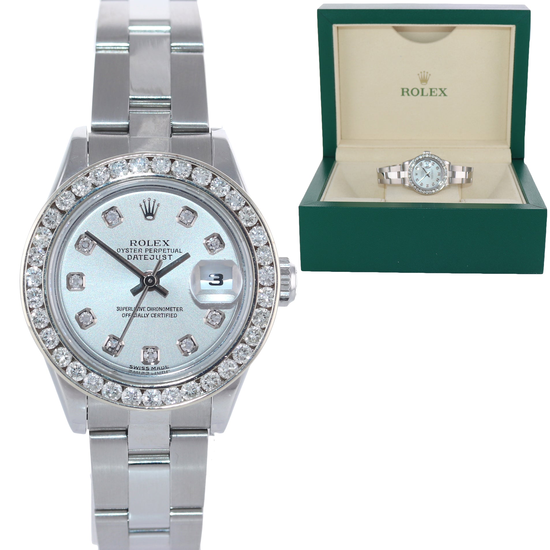 Ladies Rolex DateJust 79174 Diamond Bezel Silver Diamond Jubilee Watch Box