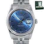 2002 MINT PAPERS Rolex DateJust 36mm 16220 Steel Blue Stick Jubilee Date Watch