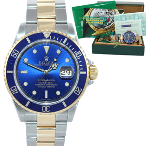 2002 MINT PAPERS Rolex Submariner 16613 Two Tone Gold Blue Dial 40mm Watch Box