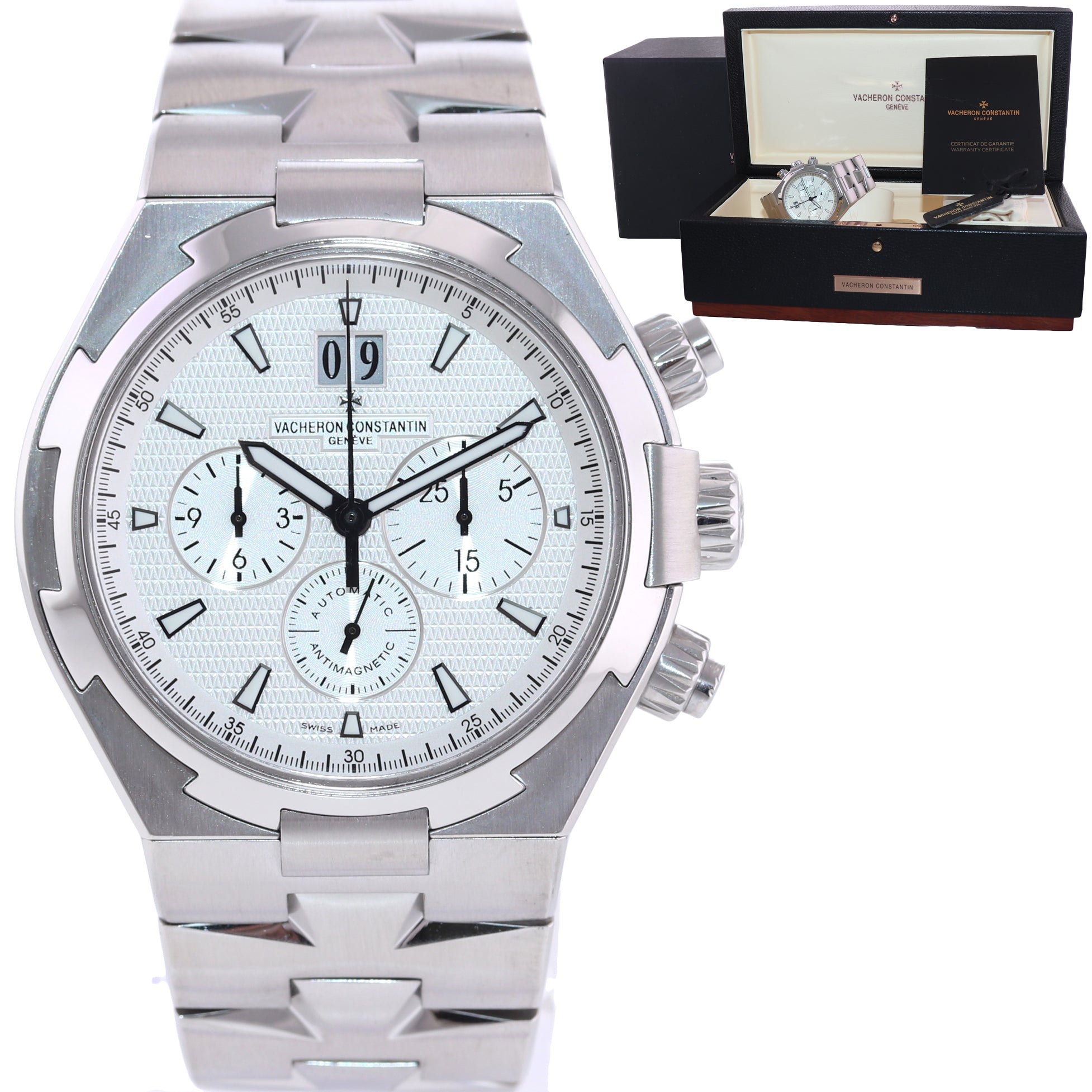 PAPERS Vacheron Constantin Overseas 49150 42mm White Steel Chronograph Watch Box