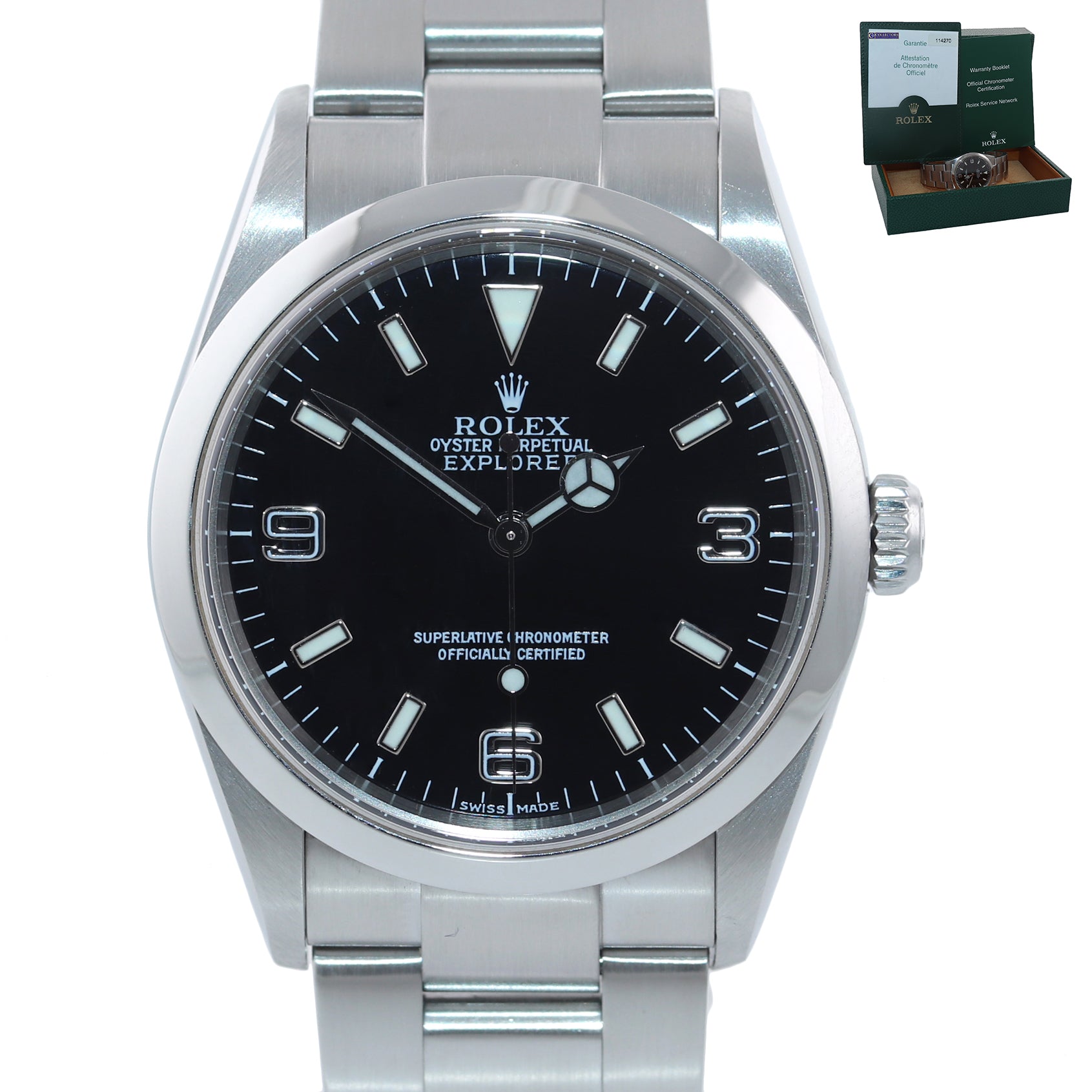 PAPERS MINT Rolex Explorer I Black 36mm 114270 Steel Black Arabic Lume Watch Box