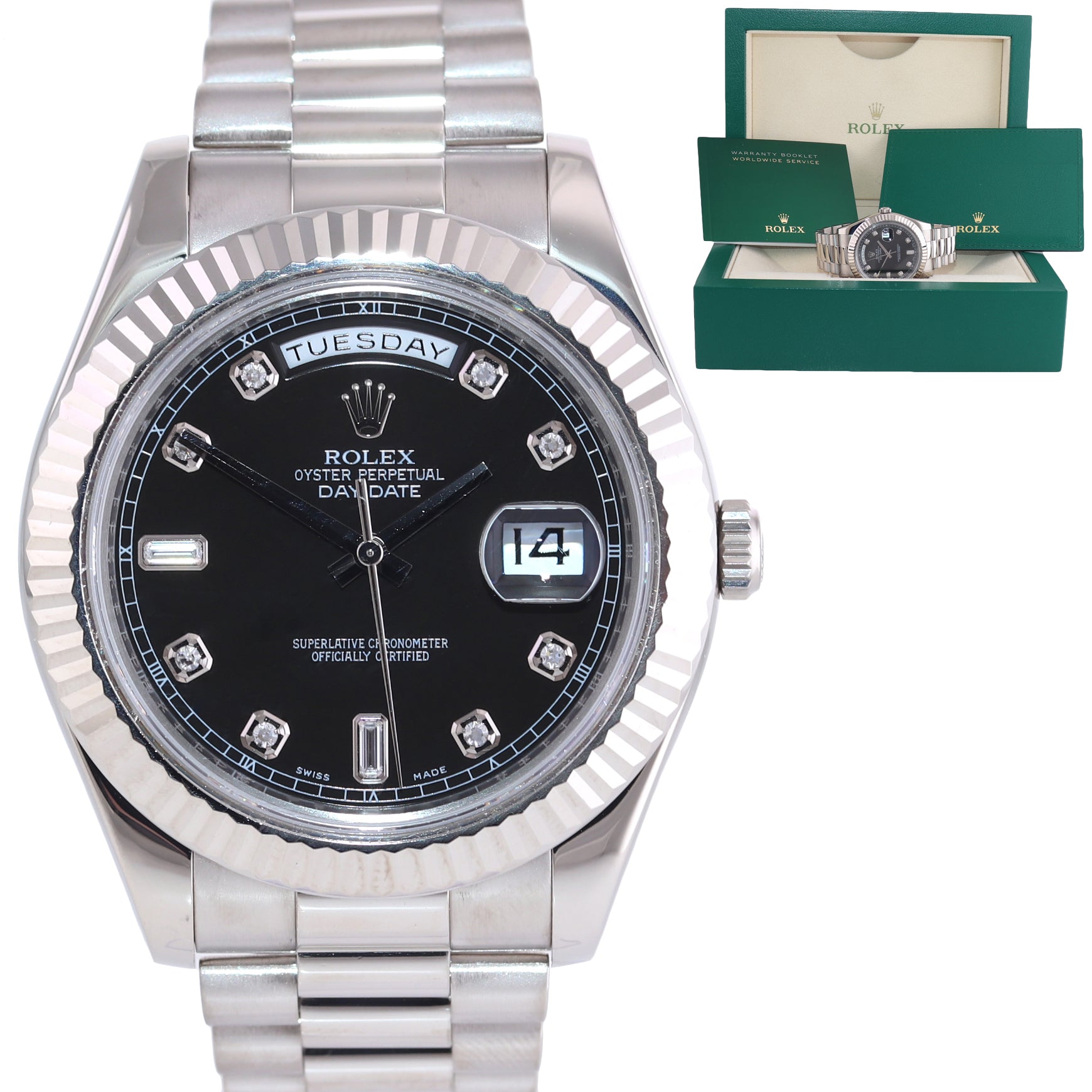 Black Diamond Rolex Day Date 2 218239 41MM White Gold Baguette President Watch