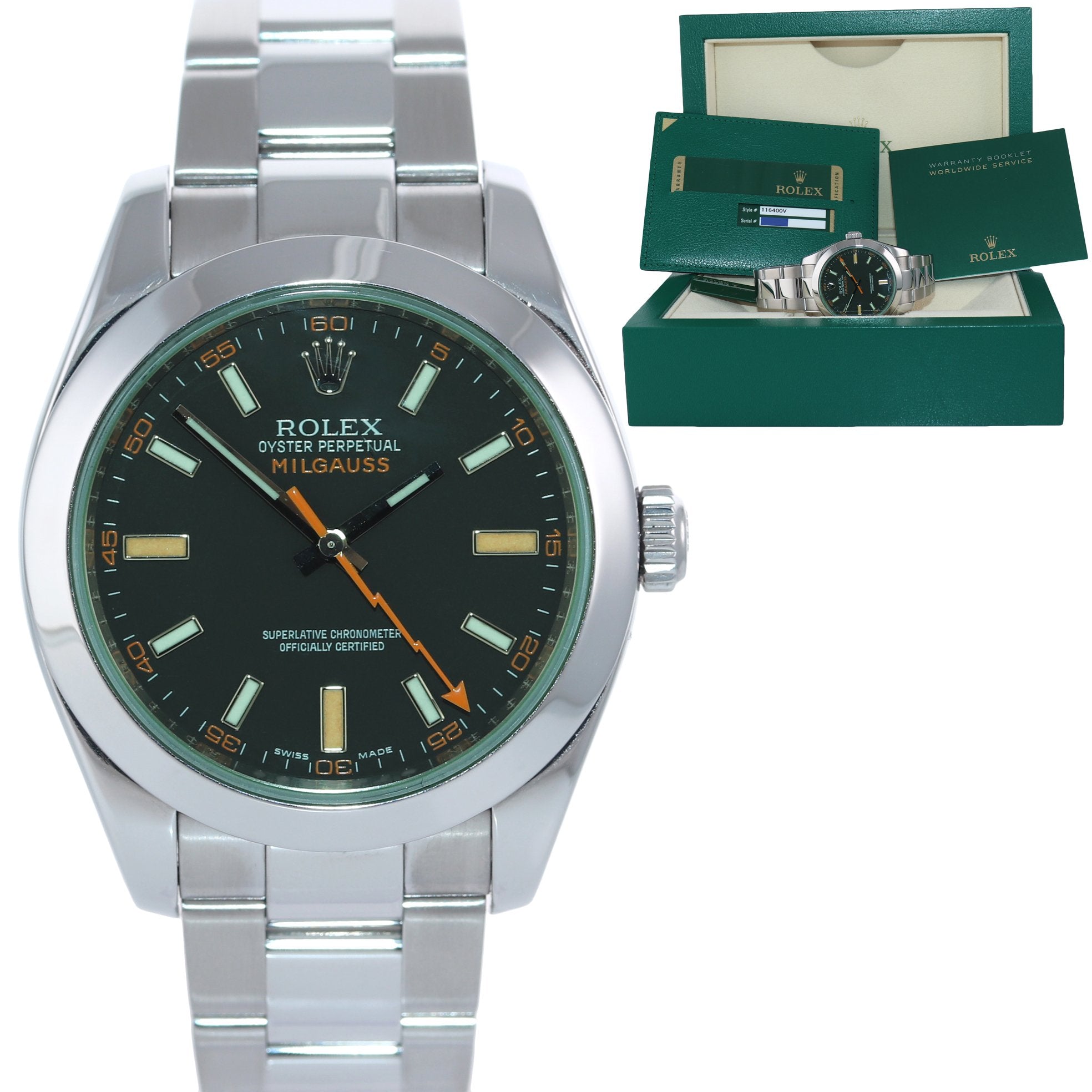 2014 PAPERS Rolex Milgauss 116400 Steel Green Black Anti-Magnetic Steel Watch