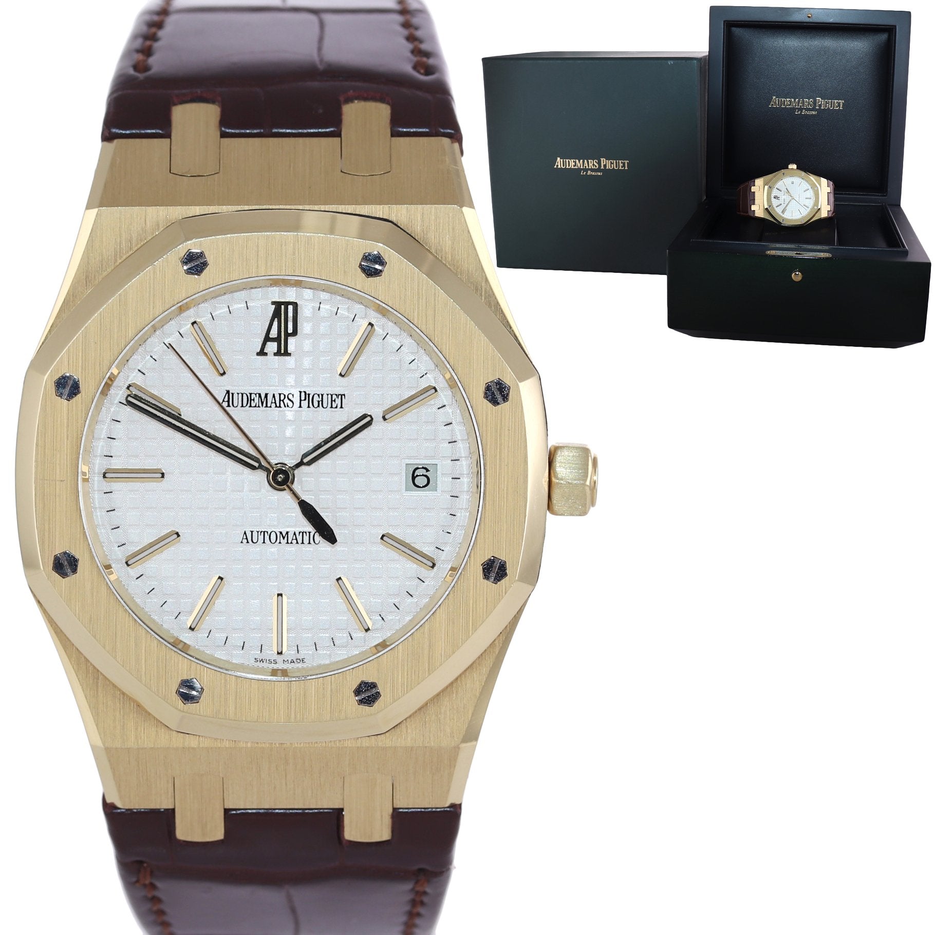 Audemars Piguet Royal Oak 18K Rose Gold Black Dial Watch 15300OR Box Papers