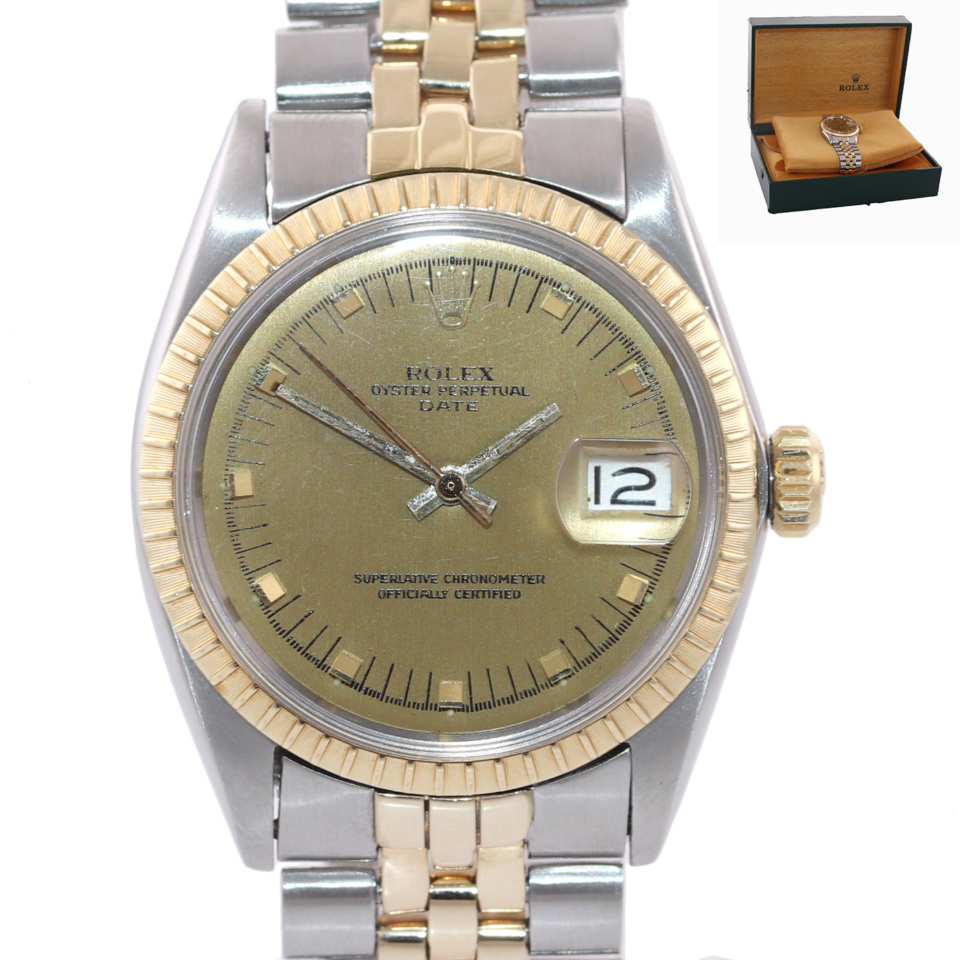 Rolex Oyster Date 1505 Steel 14k Gold Two Tone 34mm Champagne Stick Watch Box