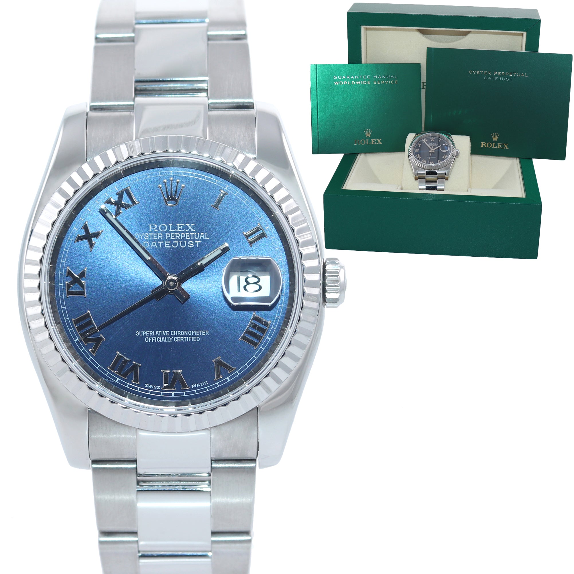MINT Papers Rolex DateJust Steel Blue Roman Dial 116234 36mm Oyster Watch Box