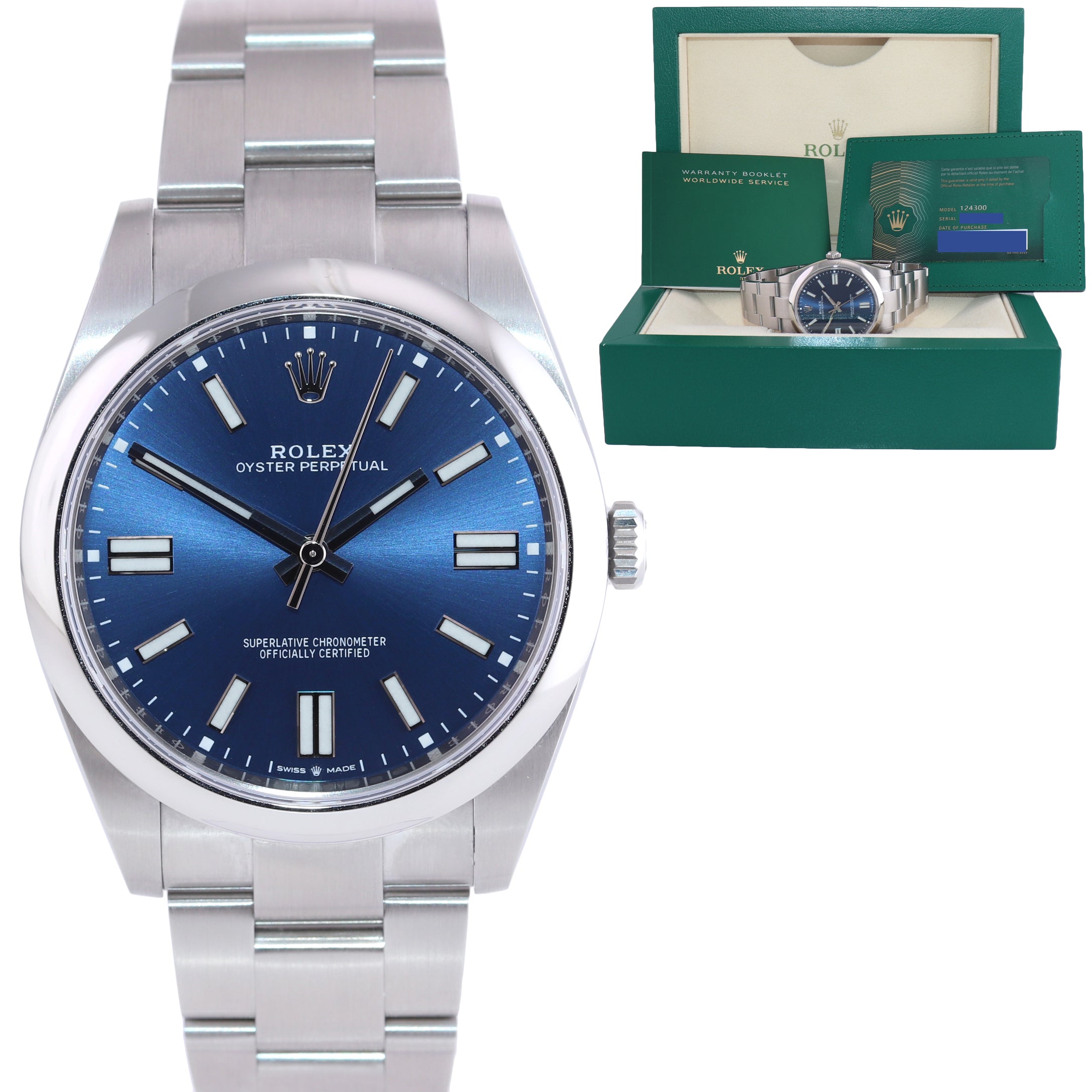 NEW 2021 PAPERS Rolex Oyster Perpetual 41mm Blue Stick Oyster Watch 124300 Box