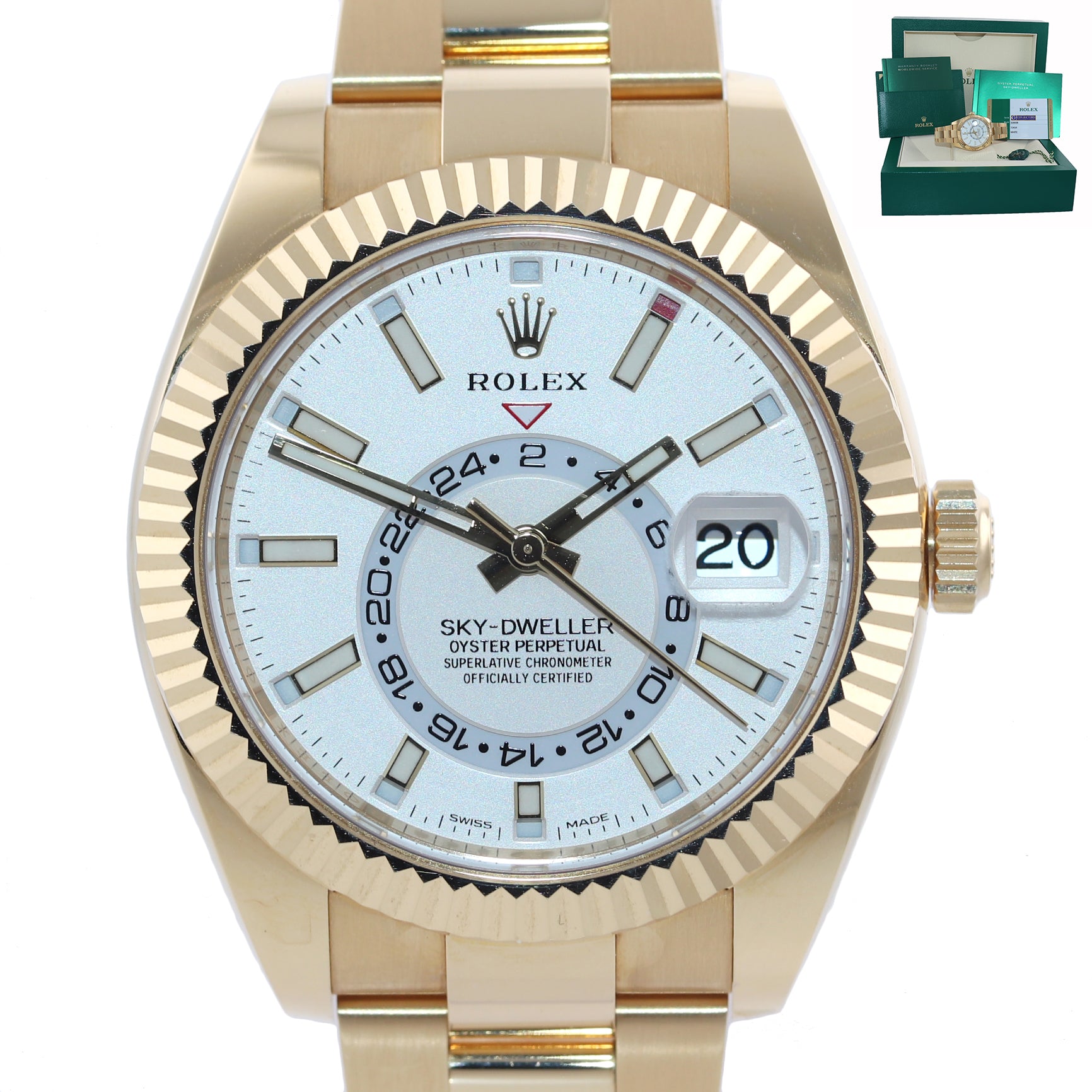 PAPERS JULY 2020 NEW Rolex Sky-Dweller 42mm 18k Yellow Gold White 326938 Watch