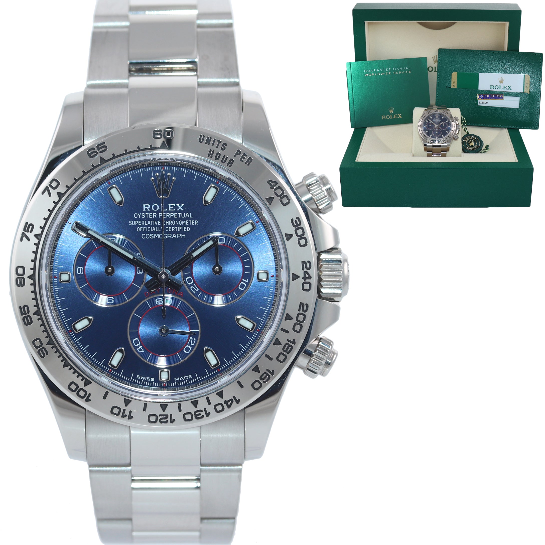 2019 PAPERS Rolex Daytona Chrono Blue Dial 116509 18k White Gold Watch Box