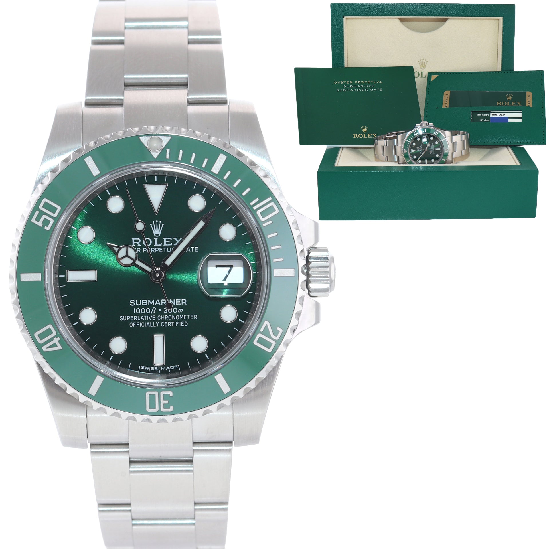 MINT 2014 PAPERS Rolex Submariner Hulk Green Dial Ceramic 116610LV Steel Watch