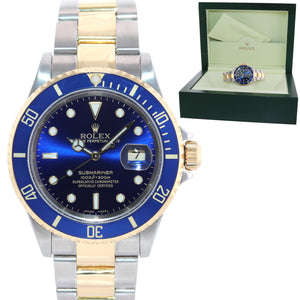2004 Rolex Submariner 16613 Gold Steel Two Tone Gold Buckle Sunburst Blue Watch