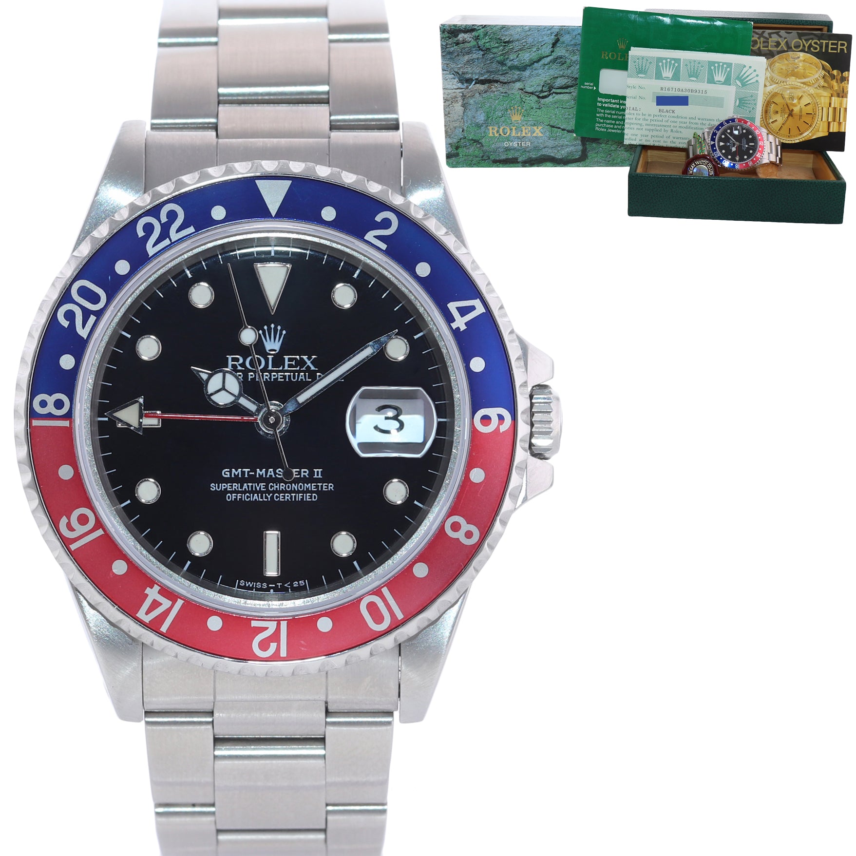 PAPERS Rolex GMT-Master 2 Pepsi Blue Red Steel 16710 40mm Tritium Watch Box