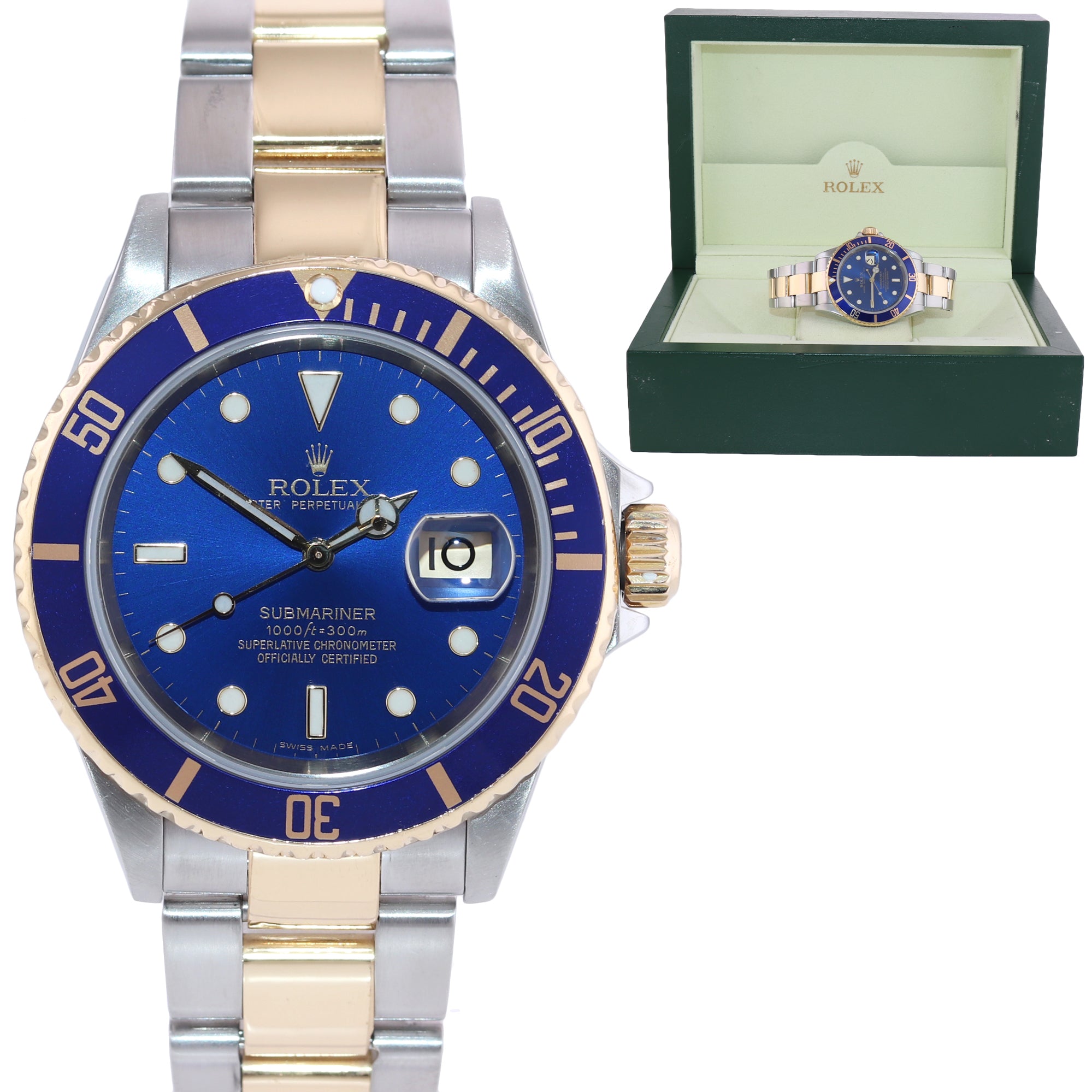 2007 No Holes Rolex Submariner 16613 Gold Steel Two Tone Gold Buckle Blue Watch