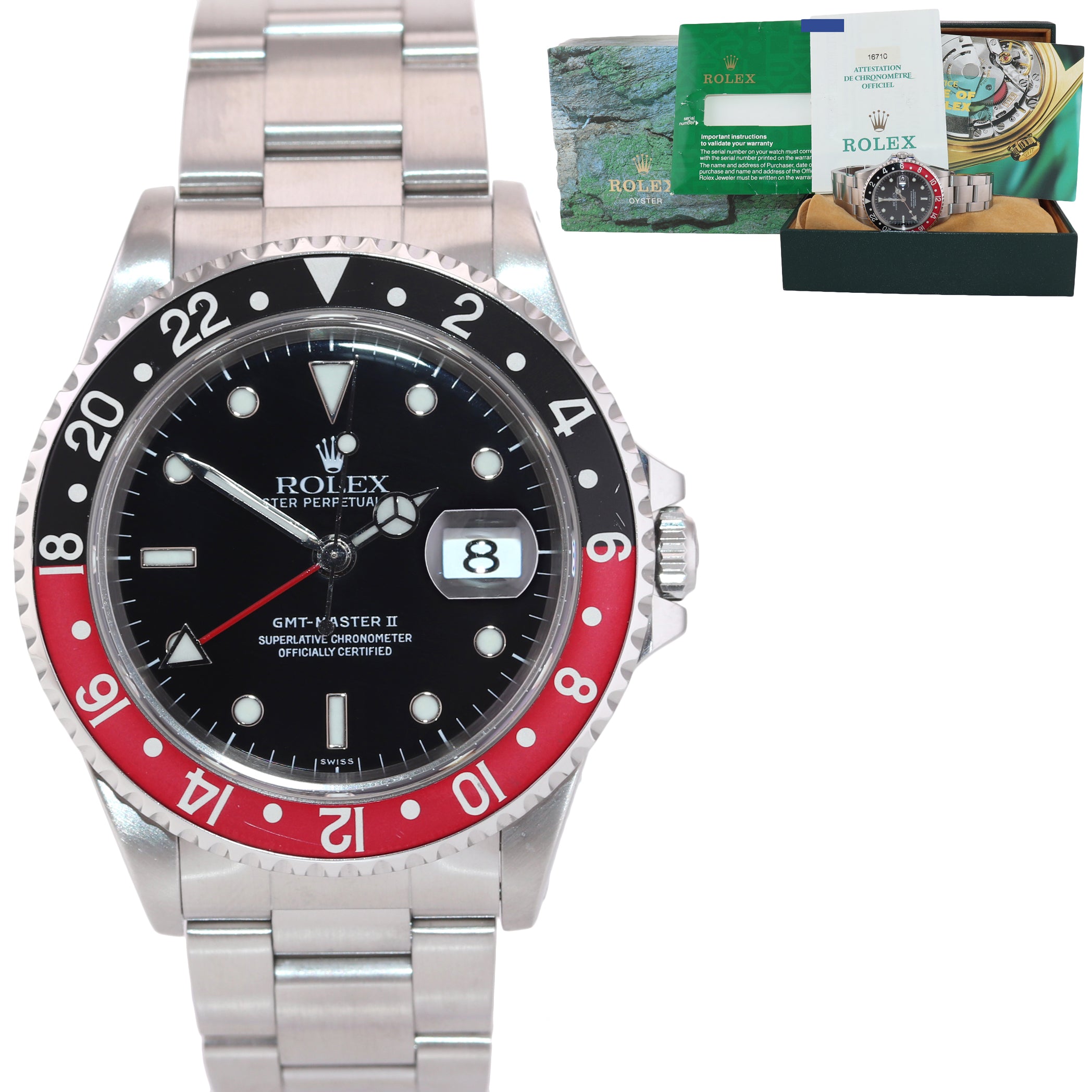 1999 PAPERS Rolex GMT-Master 2 Steel 16710 Watch Coke Red SWISS Only Dial Watch