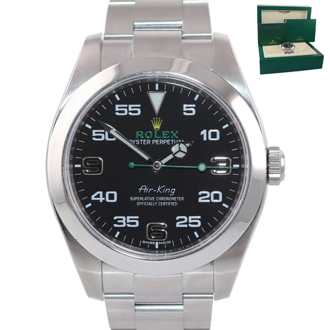 MINT 2022 Rolex Air King 116900 Black Arabic Dial 40mm Steel Green Watch Box