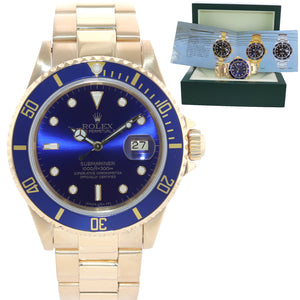 Rolex 16618 Submariner 18K Yellow Gold Blue 40MM Sunburst Dial Watch Box