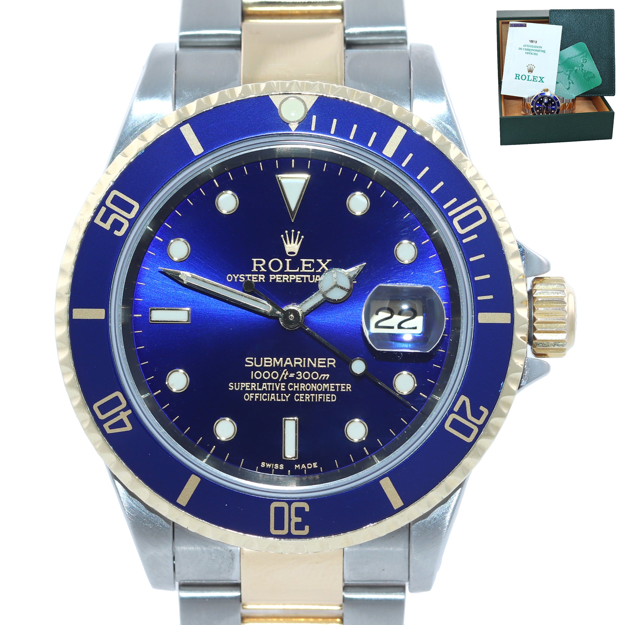 2002 MINT PAPERS Rolex Submariner 16613 Two Tone Gold Blue Dial 40mm Watch Box