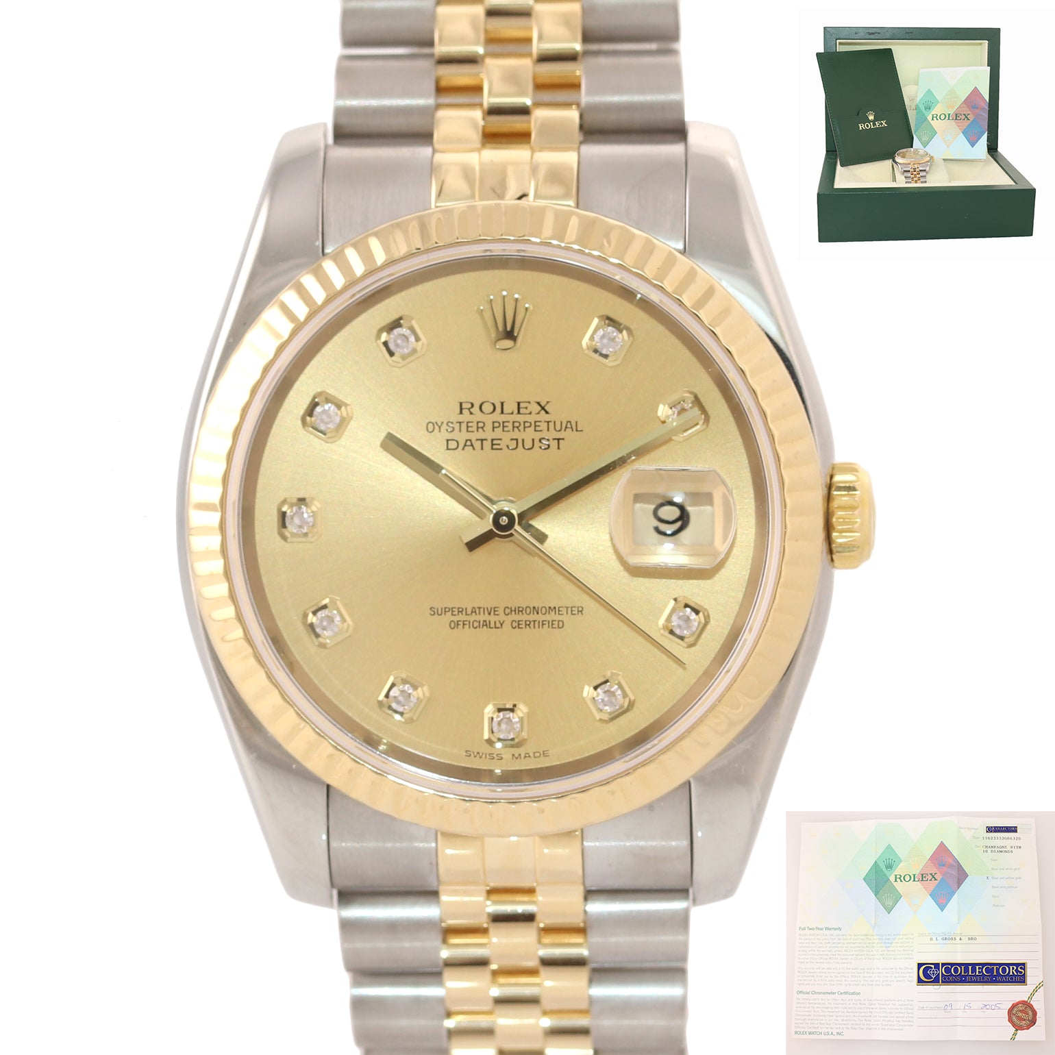 DIAMOND PAPERS Rolex DateJust Jubilee 36mm 116233 Champ 18k Gold Two Tone Watch