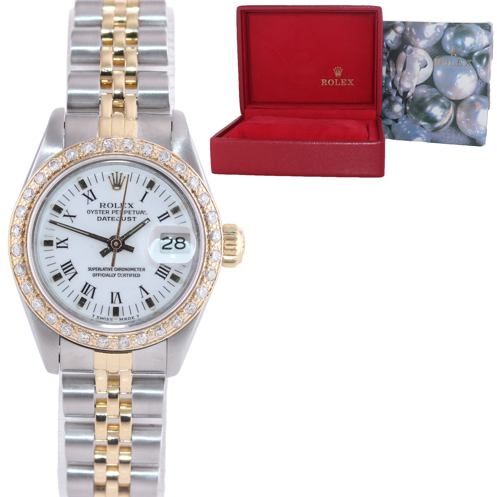 Diamond Ladies Rolex DateJust President MOP 6917 White Roman Yellow Gold Watch