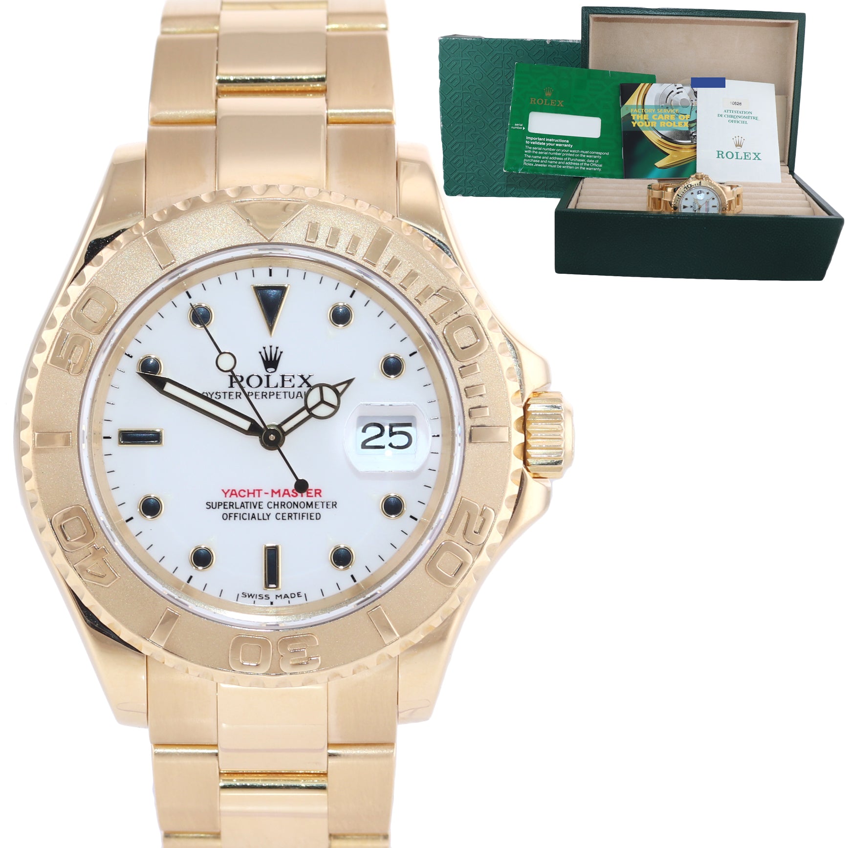 PAPERS Rolex Yacht-Master 18k Yellow Gold White Sapphire 16628 40mm Watch Box