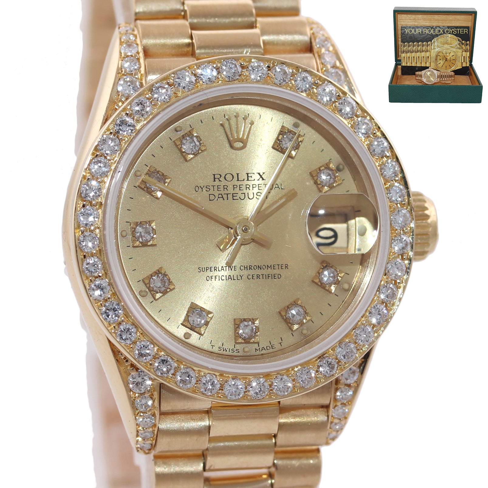Rolex DateJust President Crown Collection 26mm Diamond Yellow Gold Watch 69138