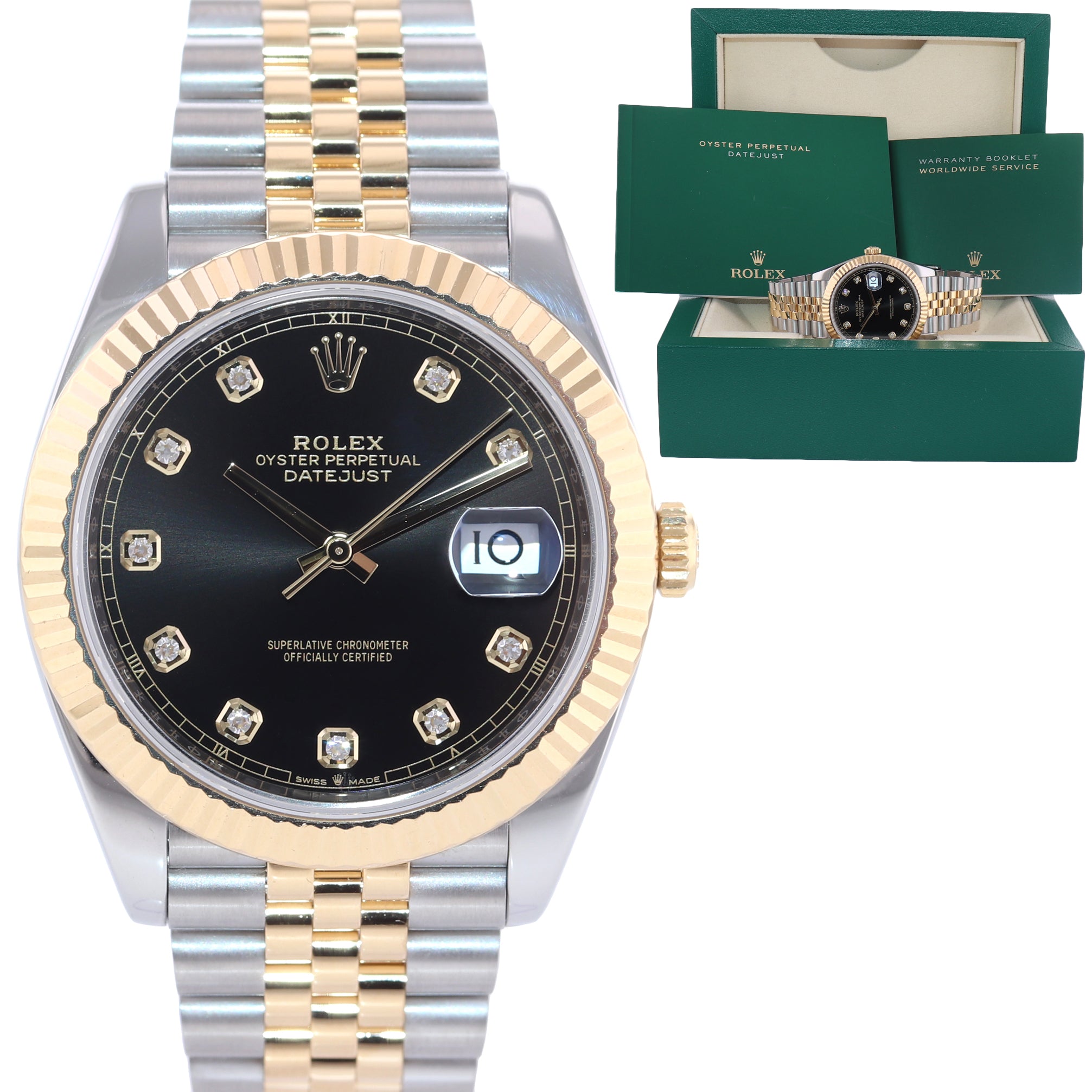 2021 Rolex DateJust 41 126333 Two Tone Gold Jubilee Black Diamond Watch Box