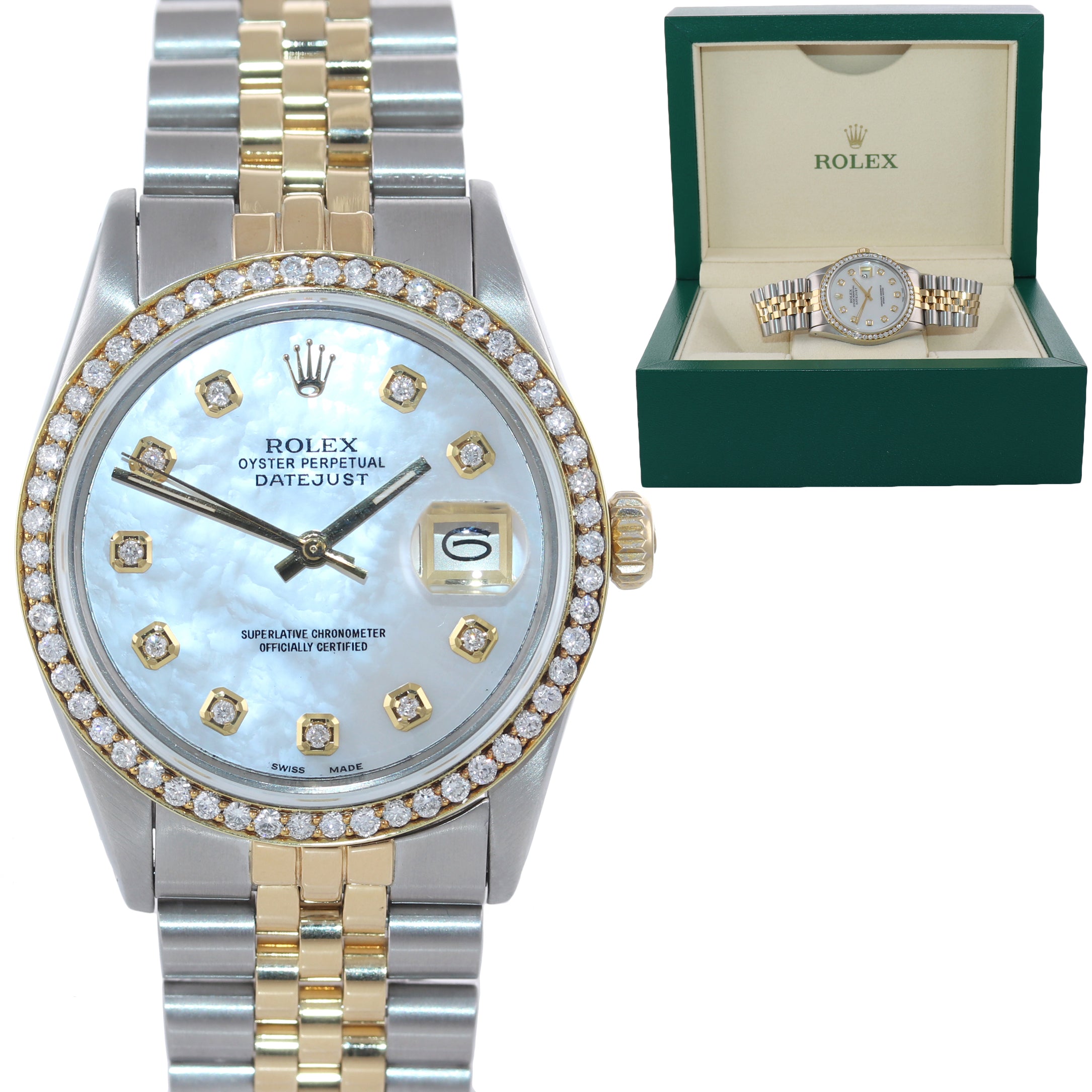 DIAMOND Bezel Rolex DateJust 36mm 16013 Diamond Bezel MOP Dial Watch Box