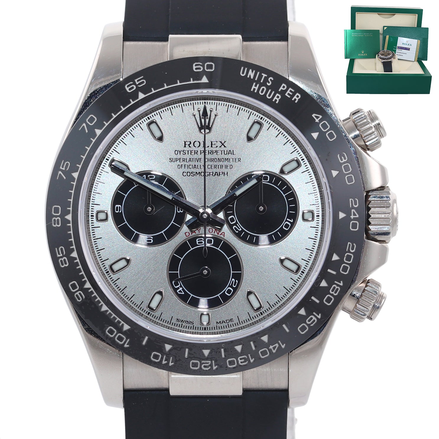 PAPERS Rolex Daytona Oysterflex 116519LN White Gold Ceramic Silver Panda Watch