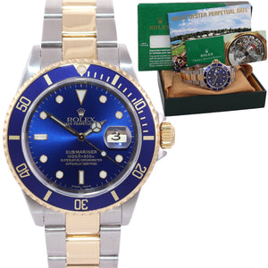 2002 Rolex Submariner 16613 Two Tone Gold Blue 40mm Watch Box Gold Buckle