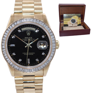 BAGUETTE DIAMOND BEZEL Rolex President 36mm 18038 Yellow Gold Black Dial Watch