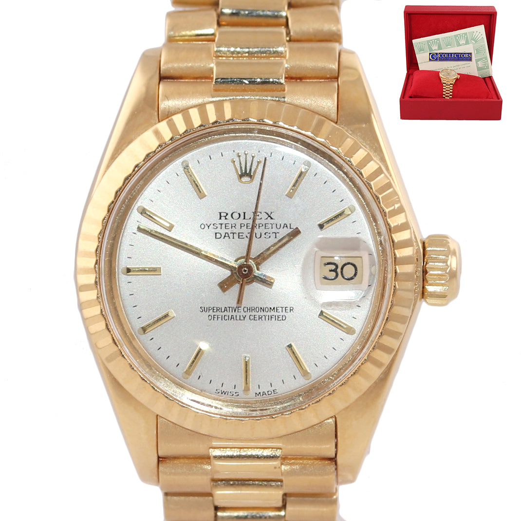 PAPERS Ladies Rolex Date President 26mm 6917 18K Yellow Gold Silver Stick Watch