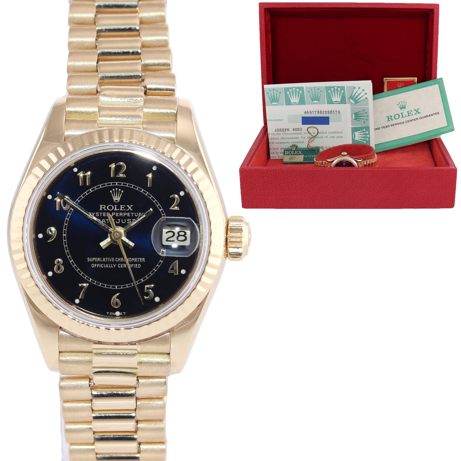 PAPERS Ladies Rolex President 26mm Black Arabic 69178 Yellow Gold Quickset Watch