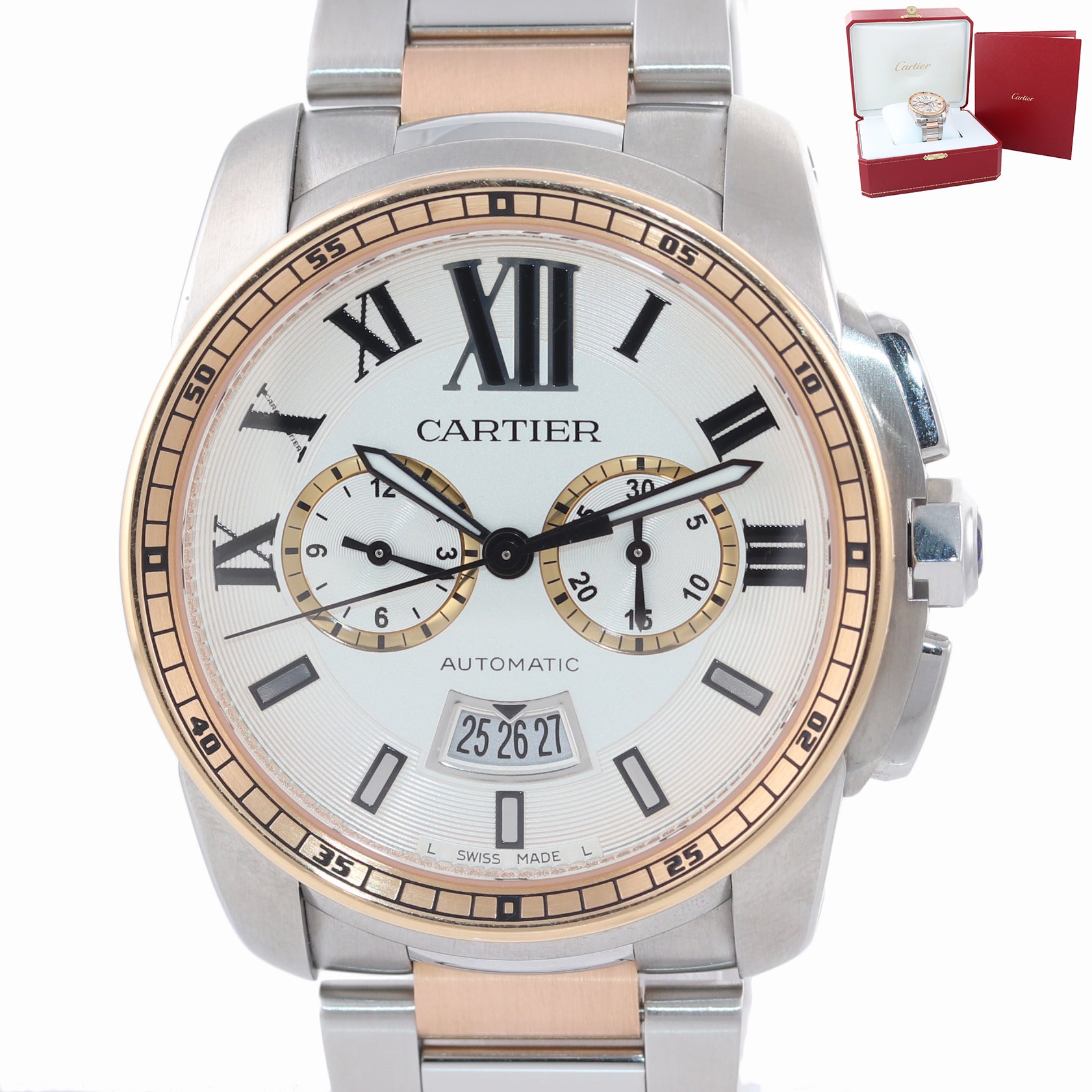 2017 PAPERS Cartier Calibre 3578 Chronograph 18K Rose Two Tone W7100042 Watch
