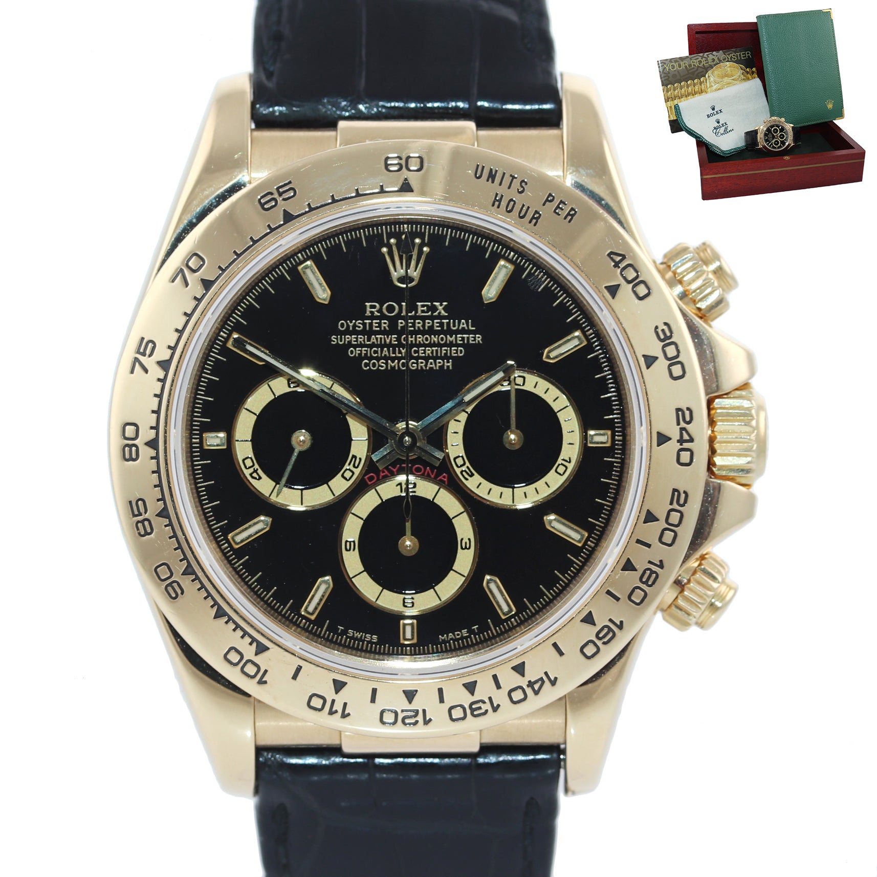 MINT Rolex Daytona Zenith 16518 Black Tritium Dial 18k Yellow Gold Leather Watch