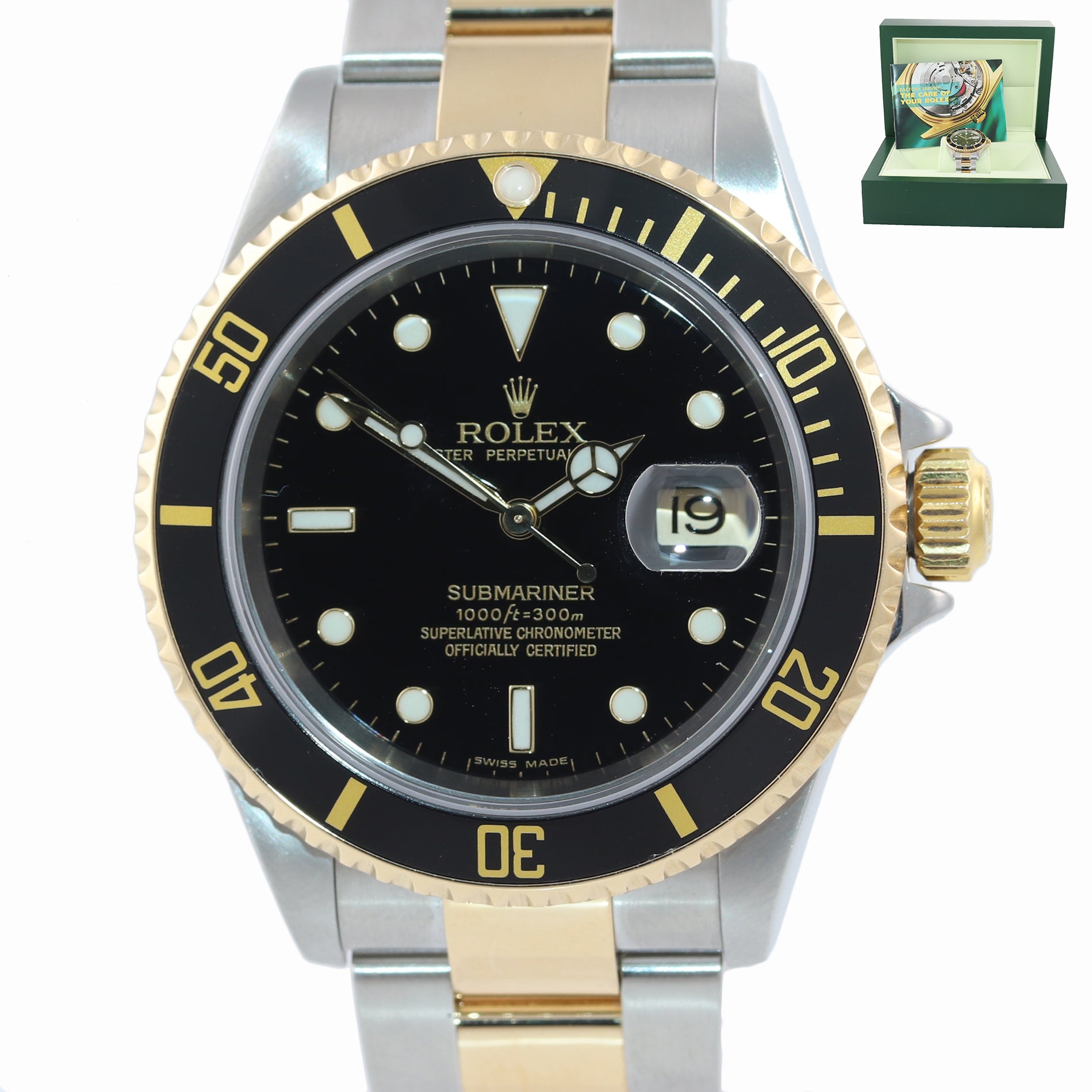 MINT 2005 NO HOLES Rolex Submariner 16613 Two Tone  Gold Black SEL Watch BOX