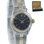 Ladies Rolex 26mm 6818 Two Tone Gold Steel Oyster Black Dial Watch Box