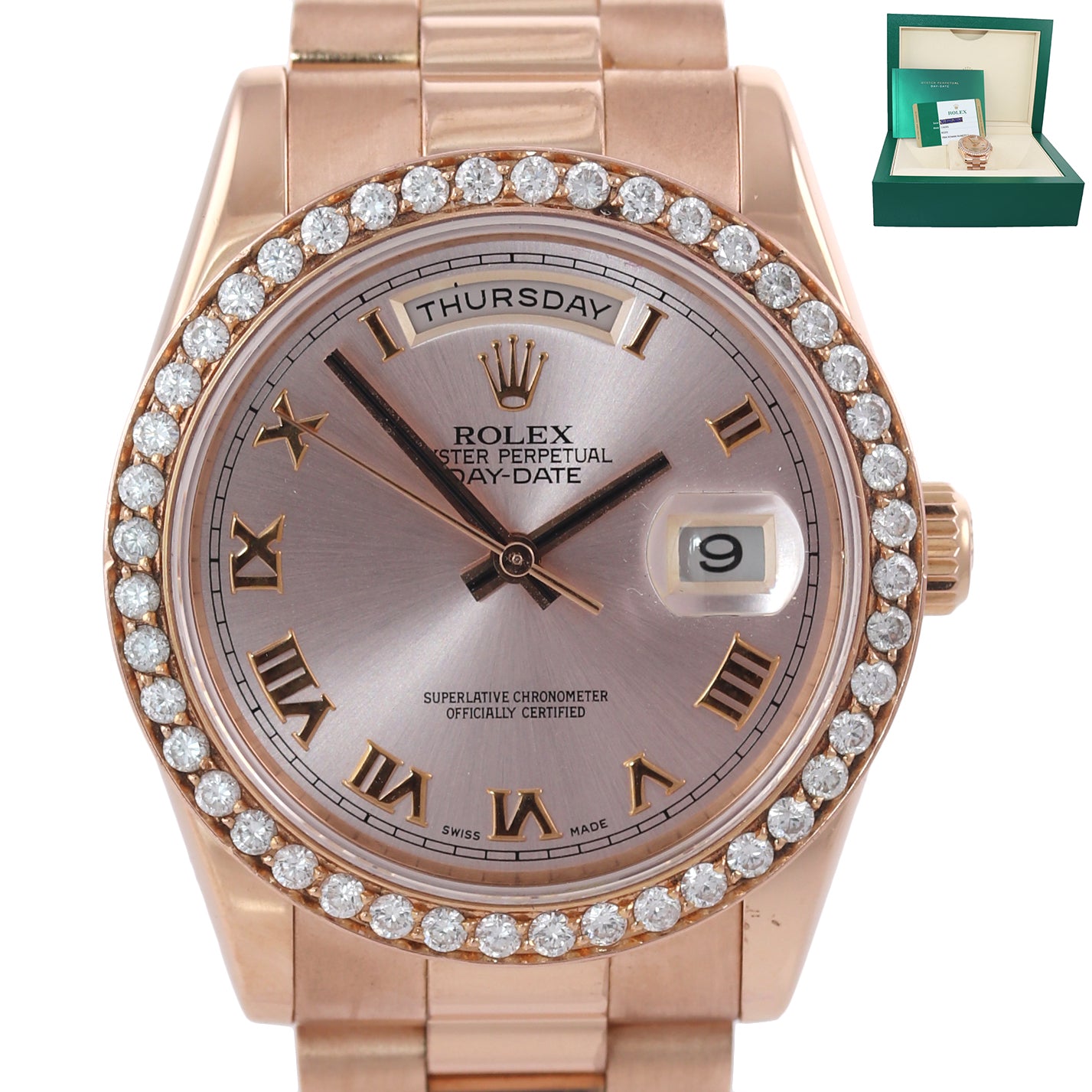 PAPERS NEW BUCKLE Rolex President Rose Gold 36mm 118205 Pink Roman Diamond