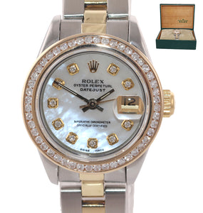 MINT Ladies Rolex DateJust 69173 White MOP Diamond 26mm Two-Tone Oyster Watch