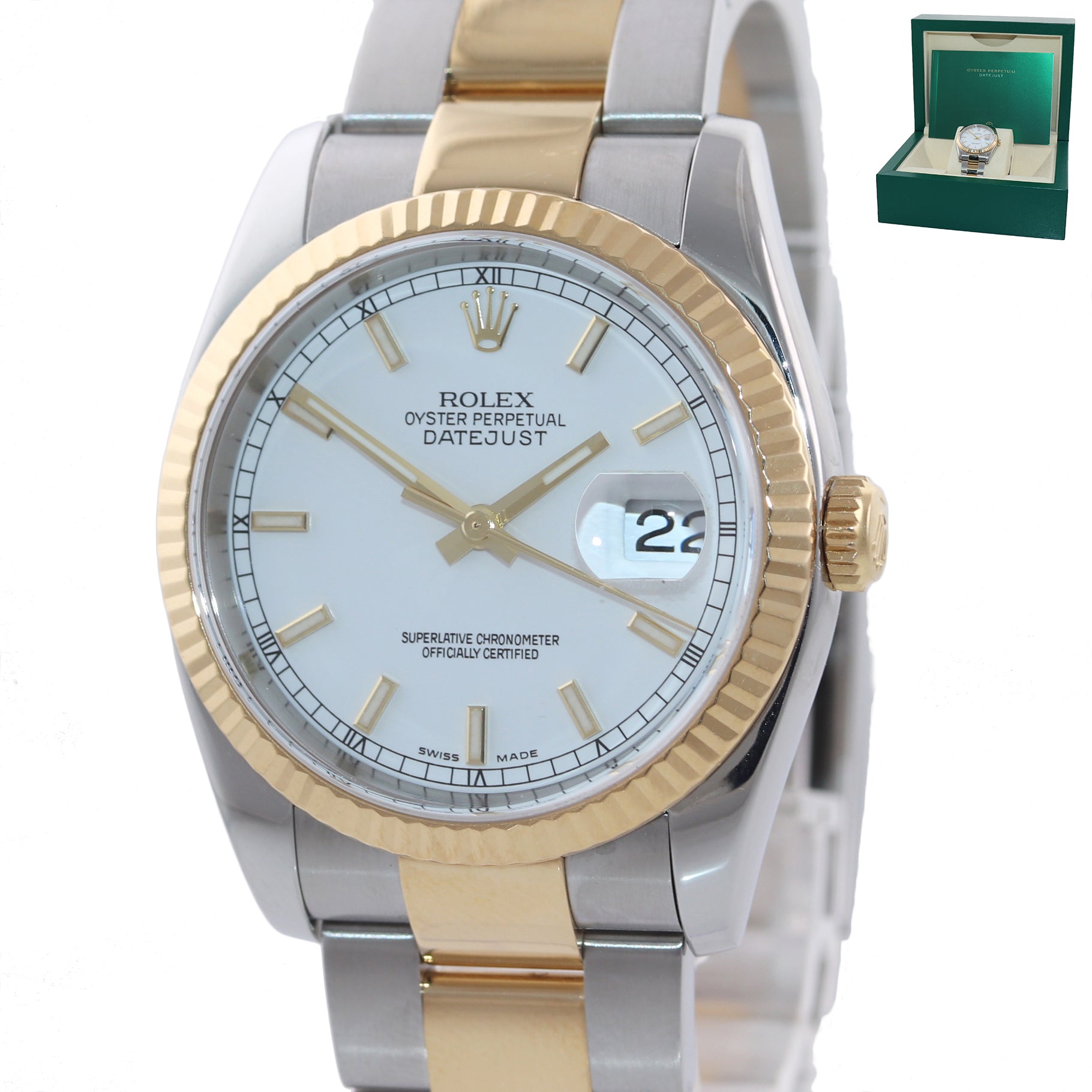 MINT Rolex DateJust 36mm White Stick 116233 18k Two Tone Gold Oyster Watch Box