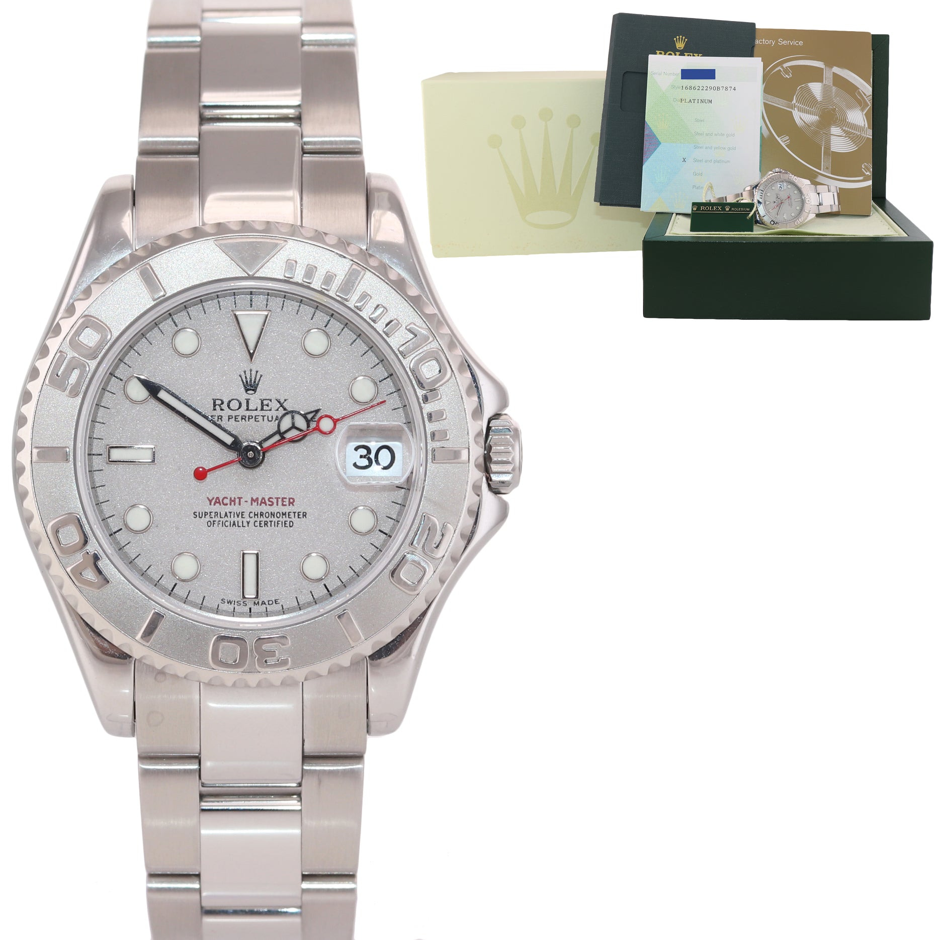 PAPERS Rolex Yacht-Master 168622 Steel Platinum Ladies Midsize 35mm Watch Box