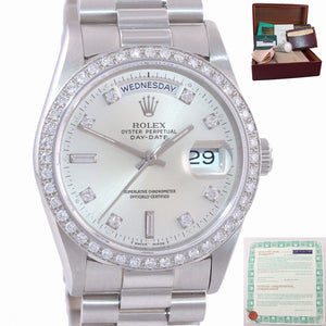 PAPERS Rolex Day-Date President 18346 Silver Diamond Bezel 36 Platinum Watch RSC