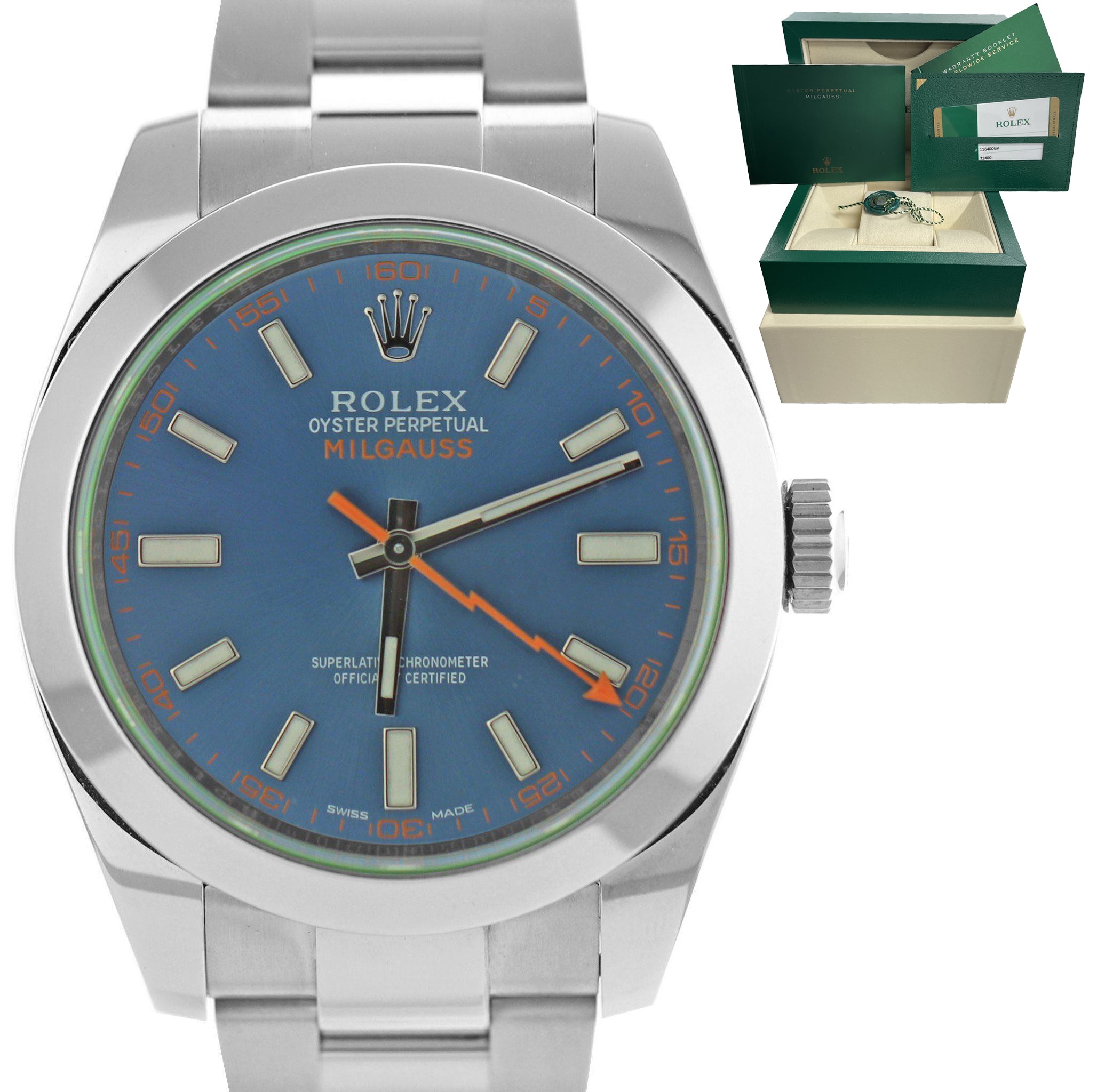 2018 MINT Rolex Milgauss Z-Blue Green Anniversary 40mm 116400 GV Stainless Watch