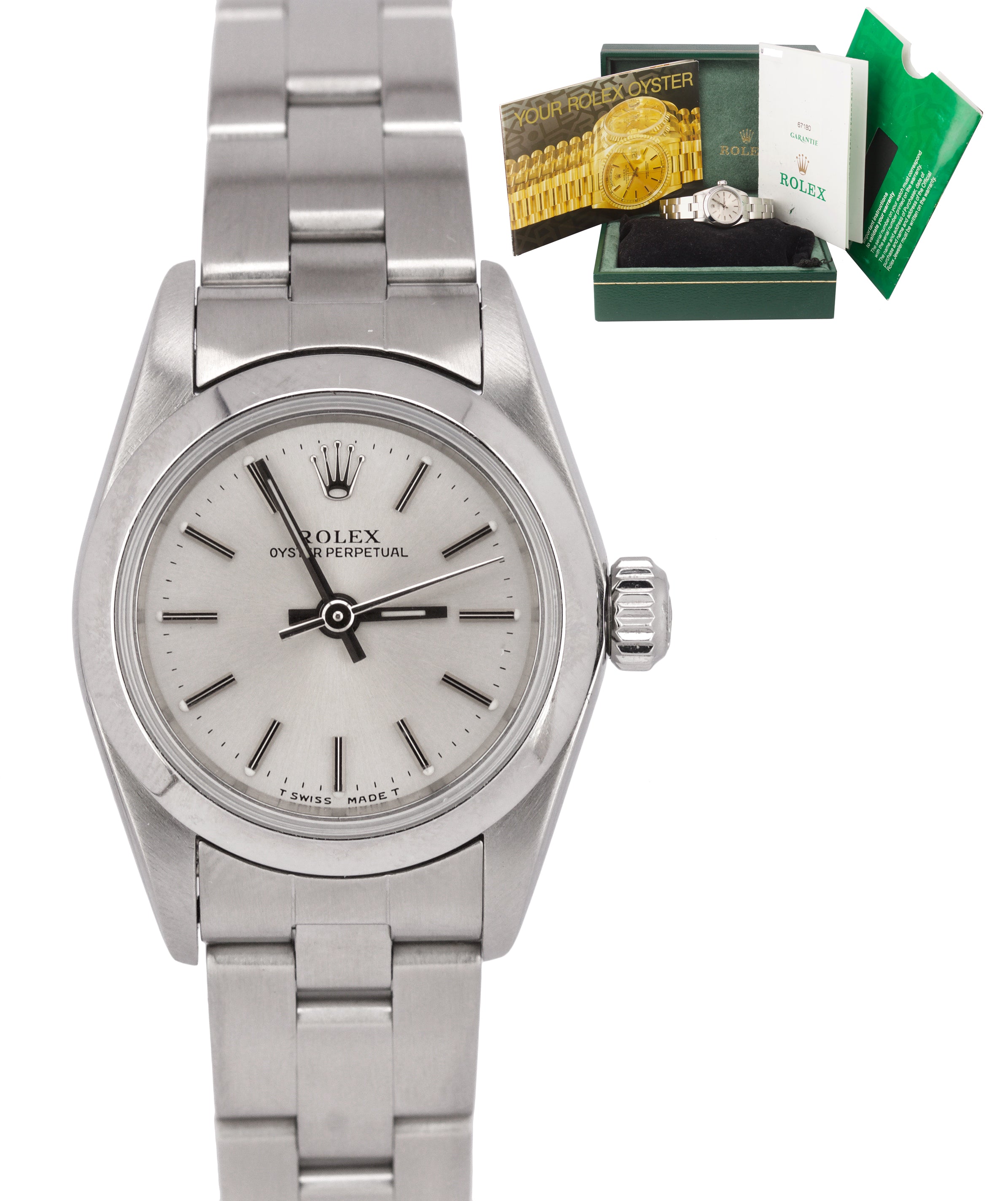 1999 Ladies Rolex Oyster Perpetual 67180 Silver Stick No Holes Oyster 24mm Watch