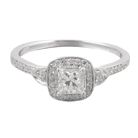 10k White Gold Princess Cut Diamond Halo Engagement Ring 0.62ctw Size 7