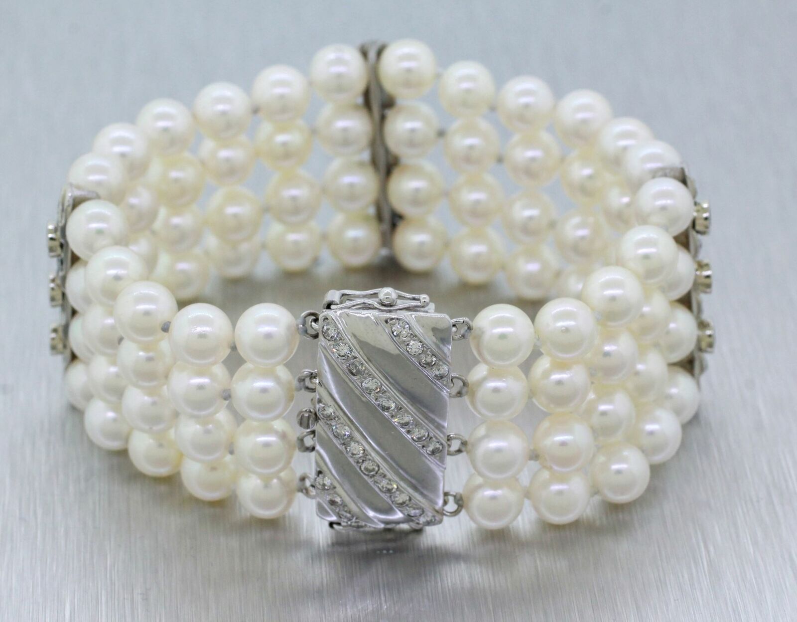 Vintage Estate 14k Solid White Gold Pearl and 1.00ctw Diamond Bracelet