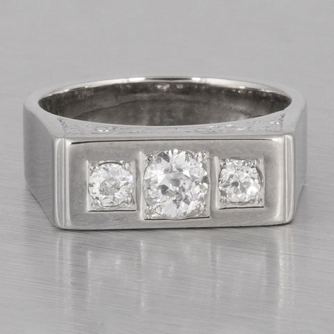 Antique Art Deco 14k White Gold Three Stone Engraved Diamond Ring 0.75ctw sz7.25
