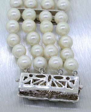 Vintage Estate 14k Solid White Gold Pearl and 1.00ctw Diamond Bracelet
