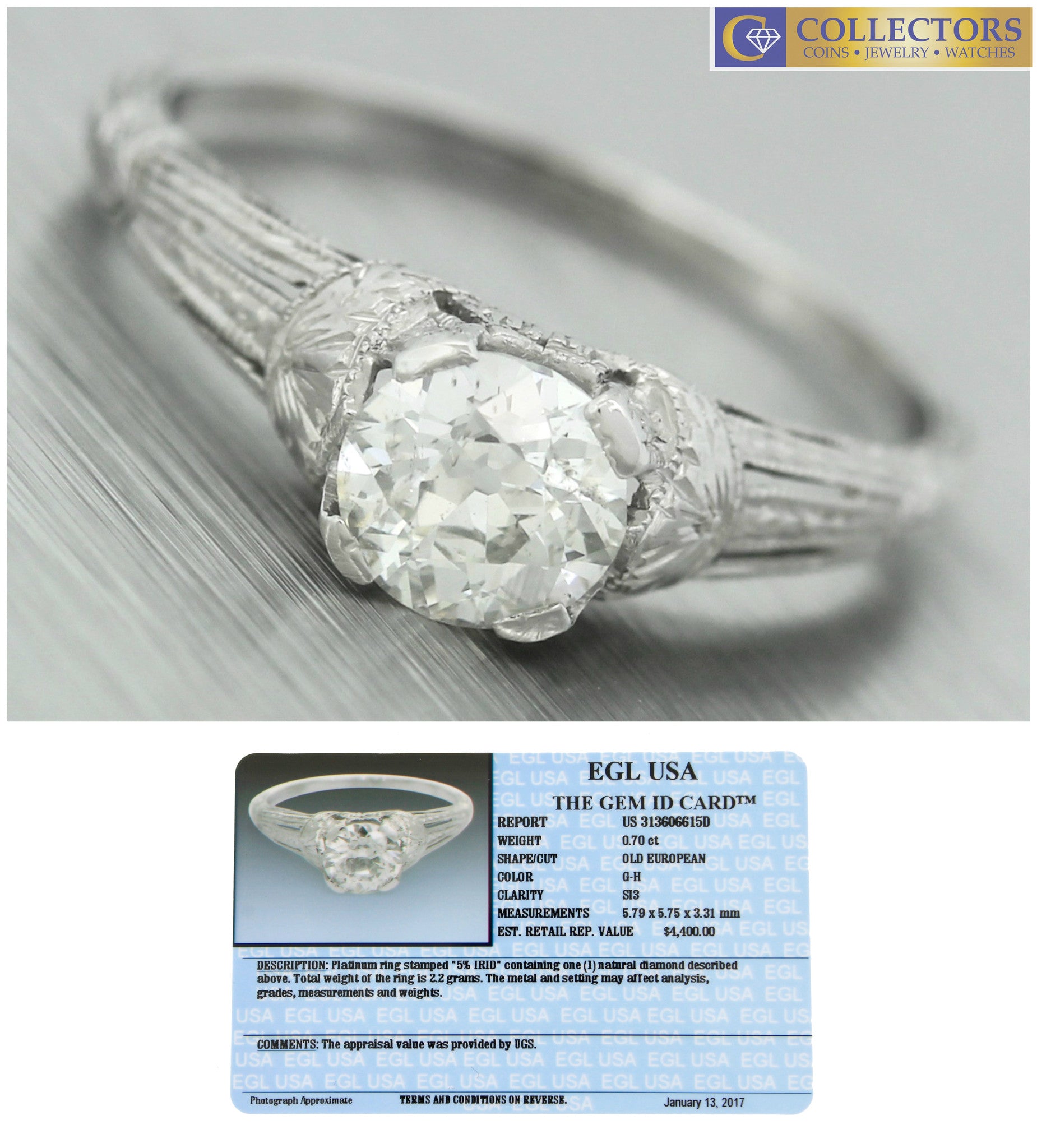 $4,400 Ladies Antique Art Deco Platinum 0.70ct Diamond Engagement Ring EGL USA