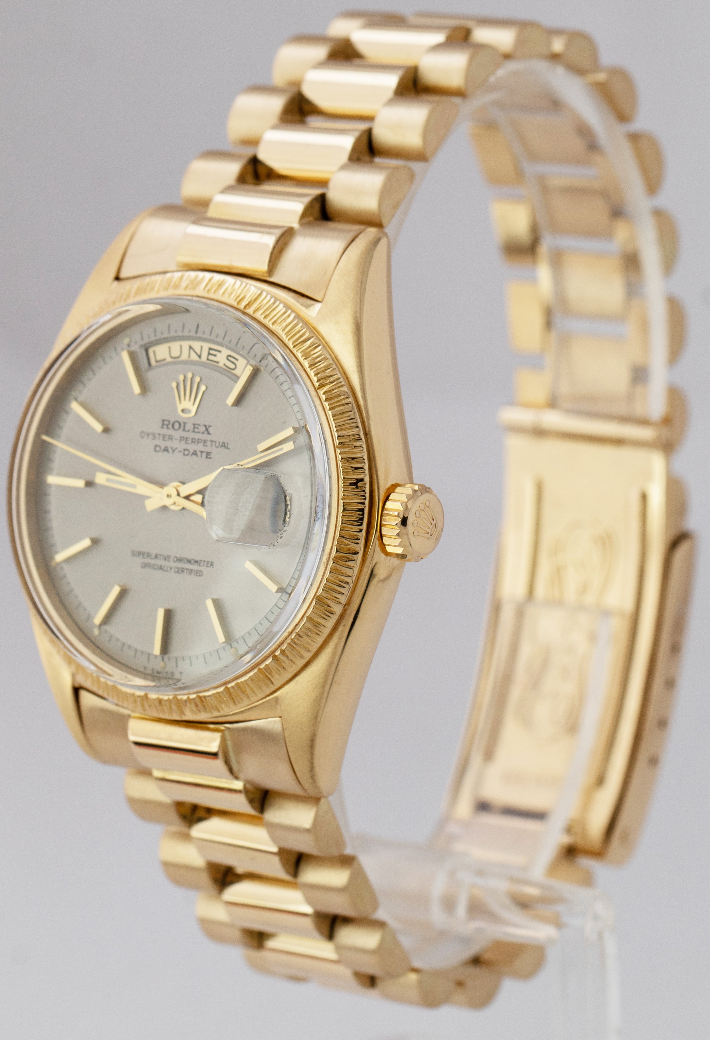 Rolex Day-Date President Gray Silver Pie Pan 18K Yellow Gold 36mm Watch 1807